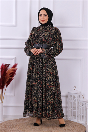 Plise Detaylı Şifon Elbise Siyah