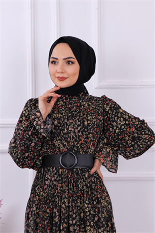 Plise Detaylı Şifon Elbise Siyah