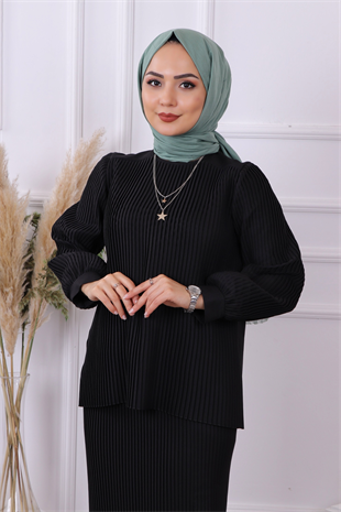 Plise Etekli Takım Siyah