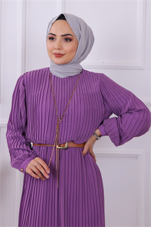 Pliseli Kemerli Elbise Mor