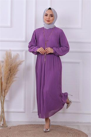 Pliseli Kemerli Elbise Mor