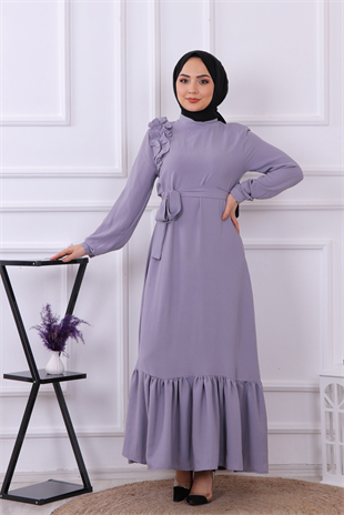 Pls Omuzu Fırfırlı Elbise Gri