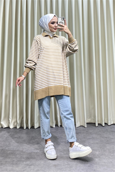 Polo Yaka Çizgili Tunik Camel