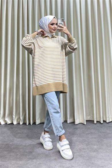 Polo Yaka Çizgili Tunik Camel