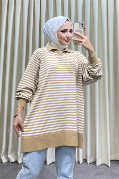 Polo Yaka Çizgili Tunik Camel