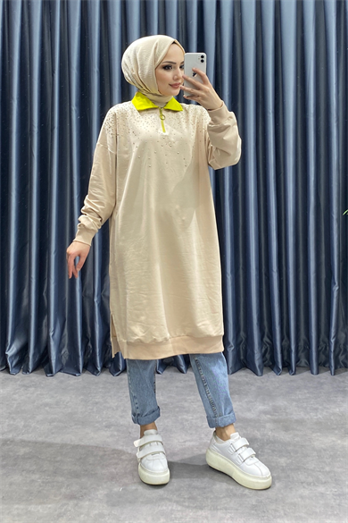 Polo Yaka Üzeri Taşlı Sweat Krem-Yağ Yeşili