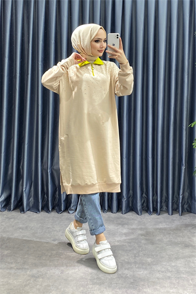 Polo Yaka Üzeri Taşlı Sweat Krem-Yağ Yeşili