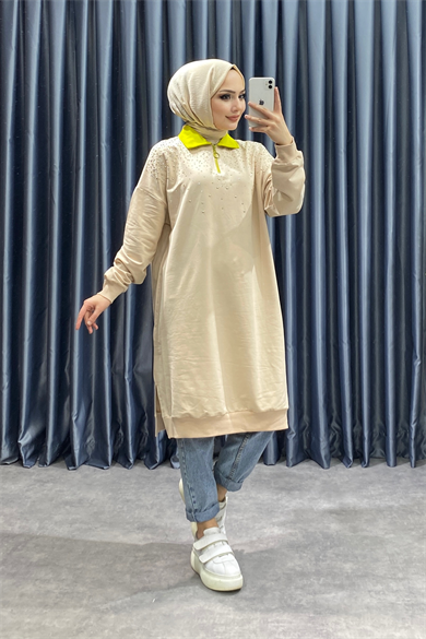 Polo Yaka Üzeri Taşlı Sweat Krem-Yağ Yeşili