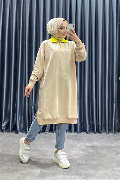 Polo Yaka Üzeri Taşlı Sweat Krem-Yağ Yeşili