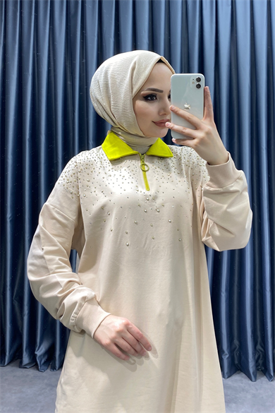 Polo Yaka Üzeri Taşlı Sweat Krem-Yağ Yeşili