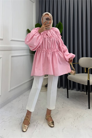Reglan Çiçek Detaylı Tunik Pembe