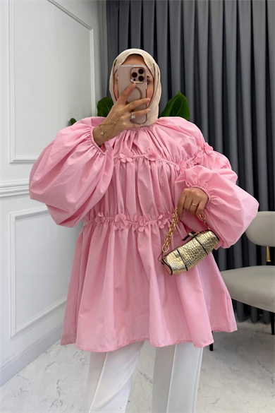 Reglan Çiçek Detaylı Tunik Pembe