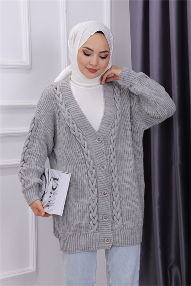 Saç Örgülü Hırka Gri