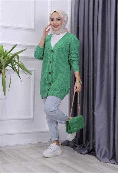Saç Örgülü Hırka Yeşil