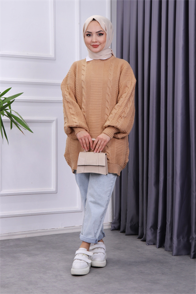 Saç Örgülü Tunik Camel