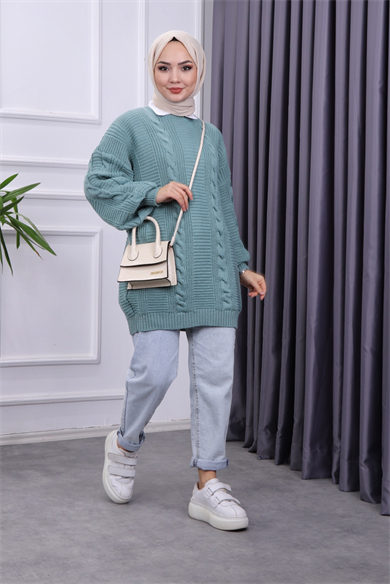 Saç Örgülü Tunik Mint Yeşili