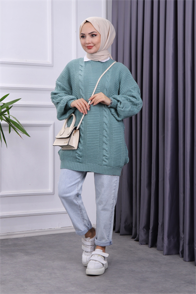 Saç Örgülü Tunik Mint Yeşili