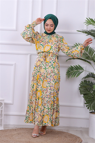 Sarı Mor Detaylı Viskon Elbise