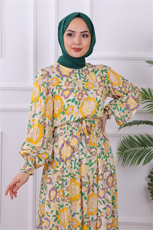 Sarı Mor Detaylı Viskon Elbise