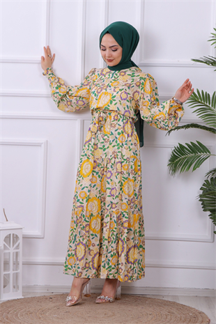 Sarı Mor Detaylı Viskon Elbise