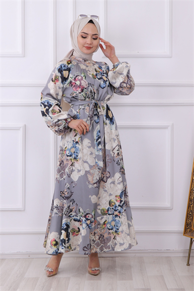 Saten Çiçekli Elbise Gri
