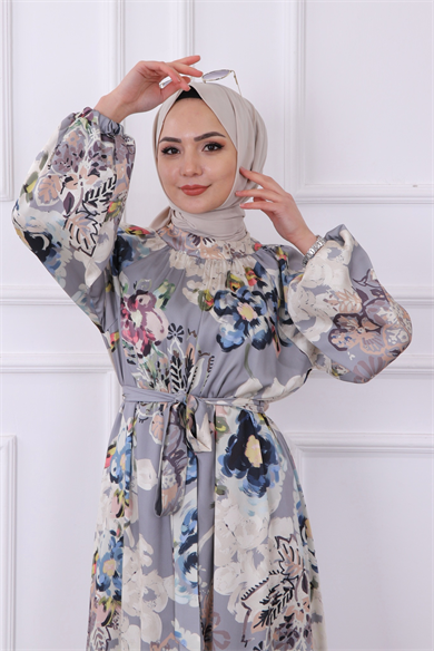 Saten Çiçekli Elbise Gri