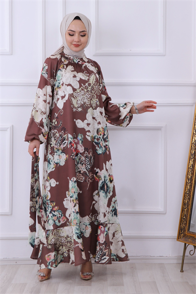 Saten Çiçekli Elbise Kahve