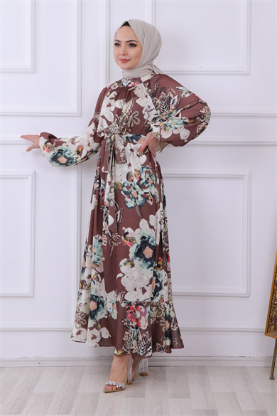 Saten Çiçekli Elbise Kahve