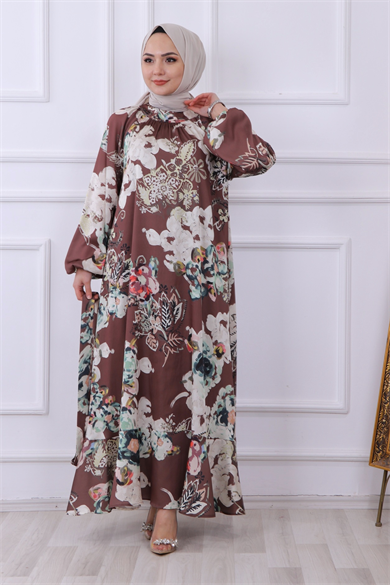 Saten Çiçekli Elbise Kahve