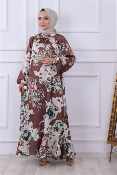 Saten Çiçekli Elbise Kahve