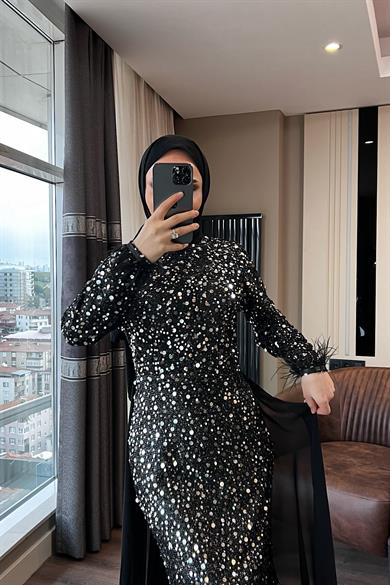 Şifon Pelerinli Pul Payet Abiye Gri