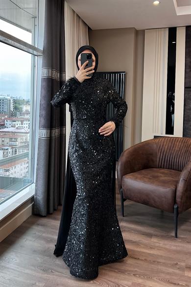 Şifon Pelerinli Pul Payet Abiye Siyah