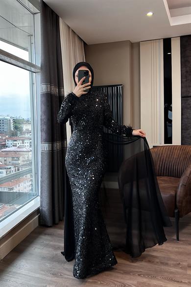 Şifon Pelerinli Pul Payet Abiye Siyah