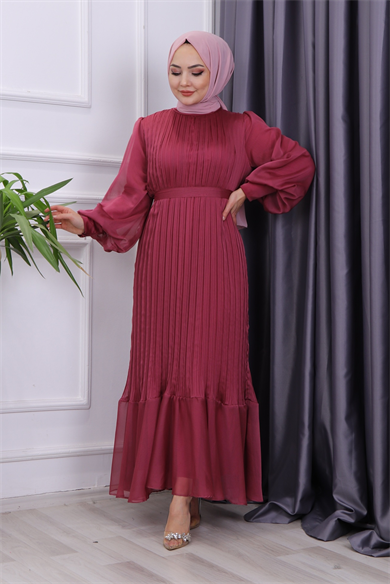 Sık Pliseli Şifon Elbise 