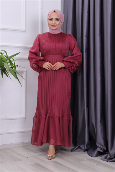Sık Pliseli Şifon Elbise 