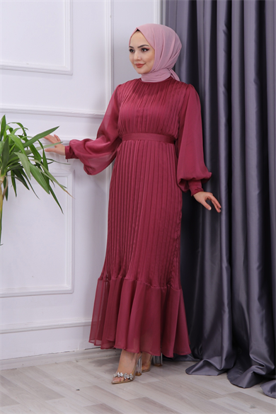 Sık Pliseli Şifon Elbise 