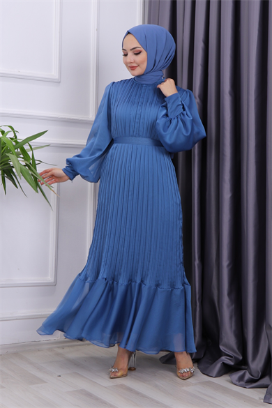 Sık Pliseli Şifon Elbise İndigo