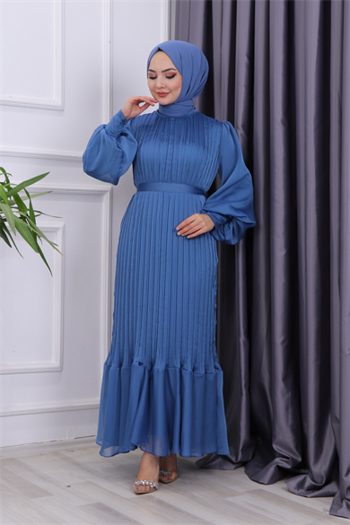 Sık Pliseli Şifon Elbise İndigo