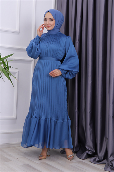 Sık Pliseli Şifon Elbise İndigo