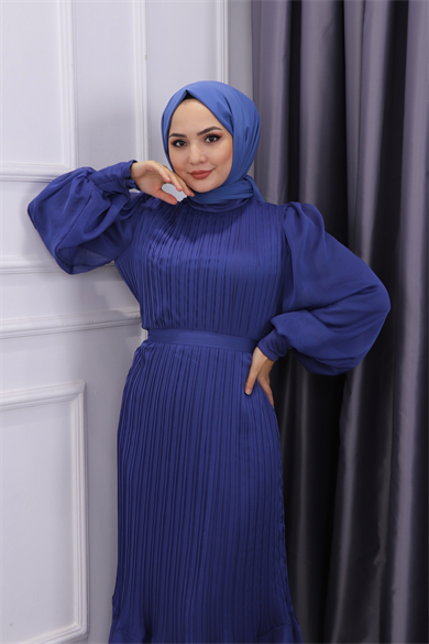 Sık Pliseli Şifon Elbise Lacivert