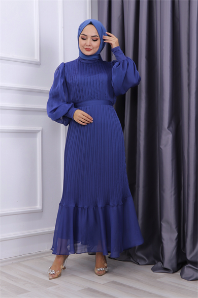 Sık Pliseli Şifon Elbise Lacivert