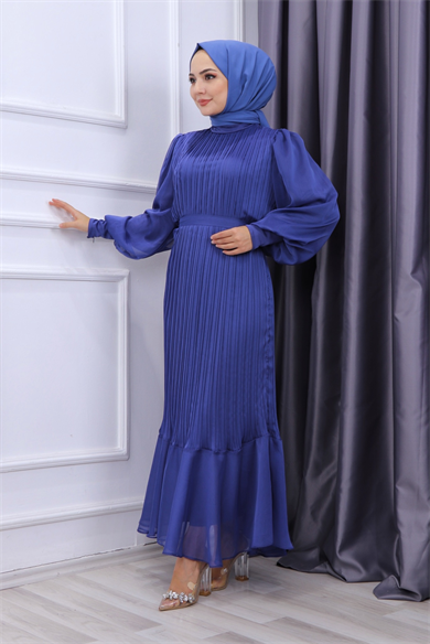 Sık Pliseli Şifon Elbise Lacivert