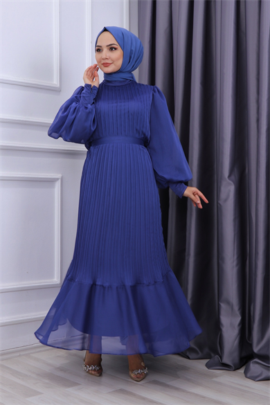 Sık Pliseli Şifon Elbise Lacivert