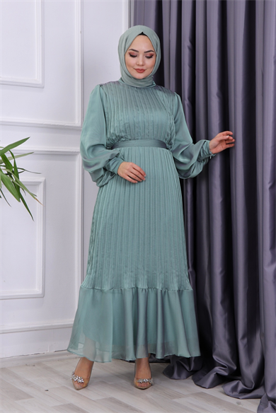 Sık Pliseli Şifon Elbise Mint Yeşili