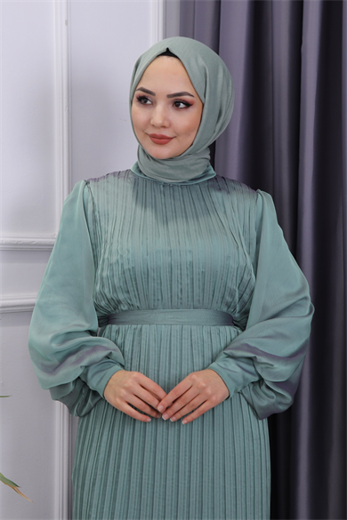 Sık Pliseli Şifon Elbise Mint Yeşili