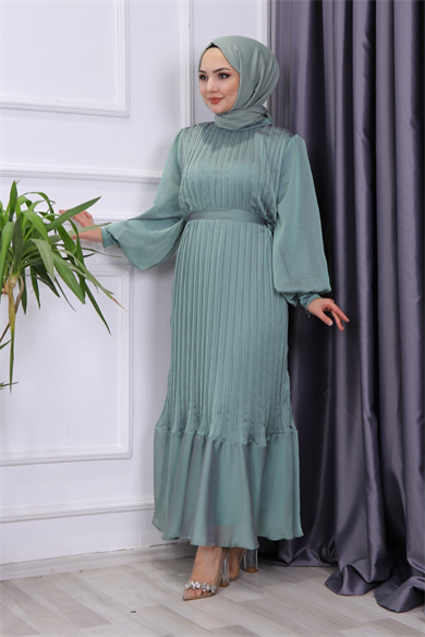 Sık Pliseli Şifon Elbise Mint Yeşili