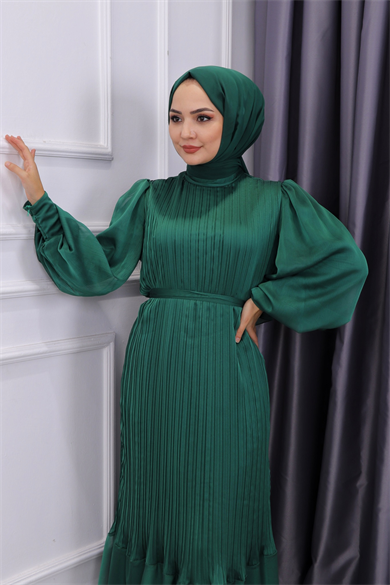 Sık Pliseli Şifon Elbise Yeşil