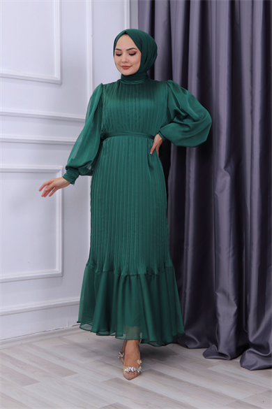 Sık Pliseli Şifon Elbise Yeşil