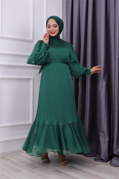 Sık Pliseli Şifon Elbise Yeşil