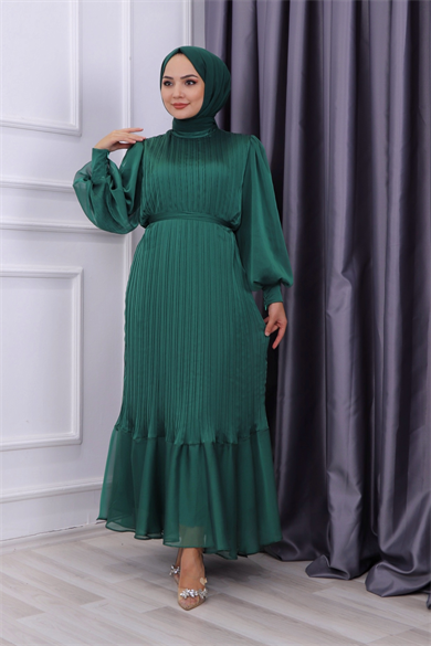 Sık Pliseli Şifon Elbise Yeşil